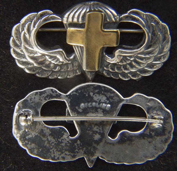 WW II Chaplain Paratrooper Wing Sterling Pin Back, Gold Plated Latin Cross