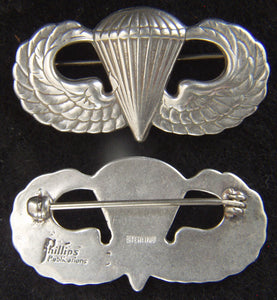 Sterling Paratrooper badge pin back, Phillips Publications